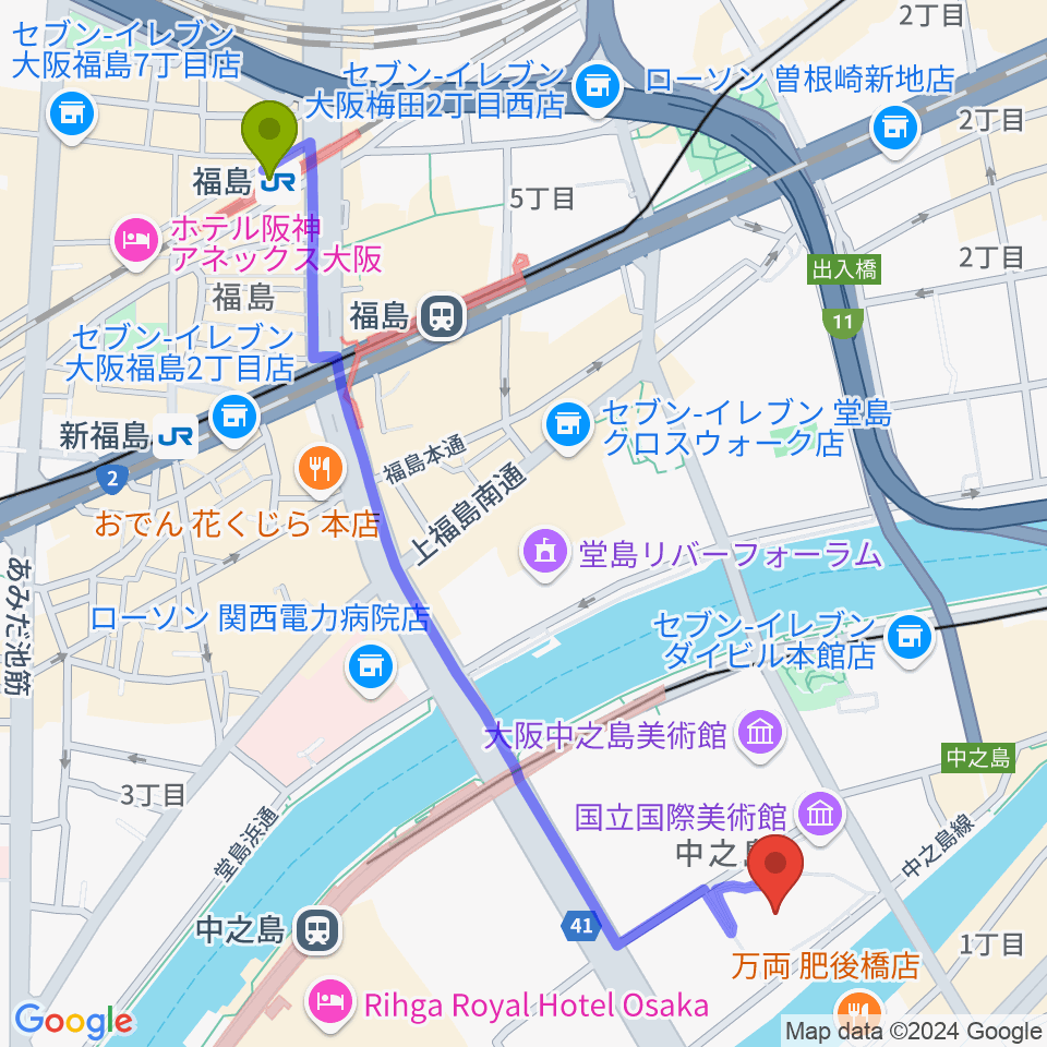 福島駅から大阪市立科学館へのルートマップ地図