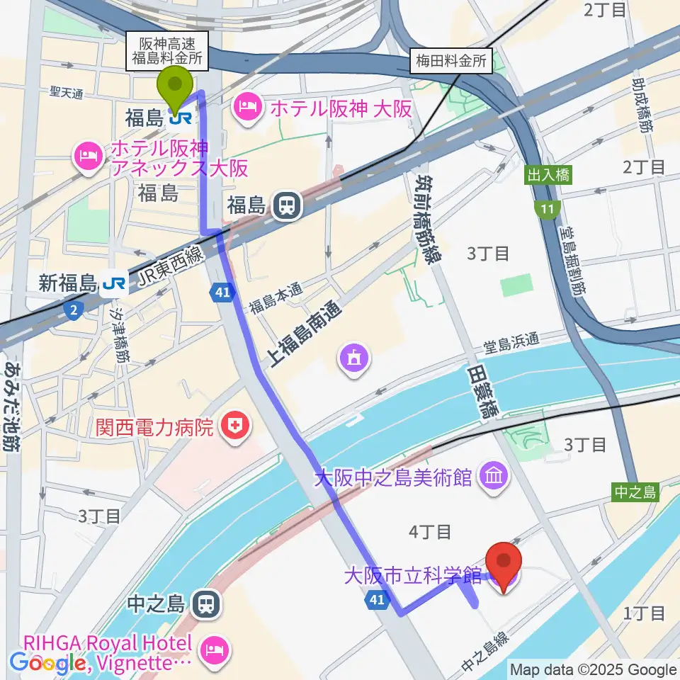 福島駅から大阪市立科学館へのルートマップ地図