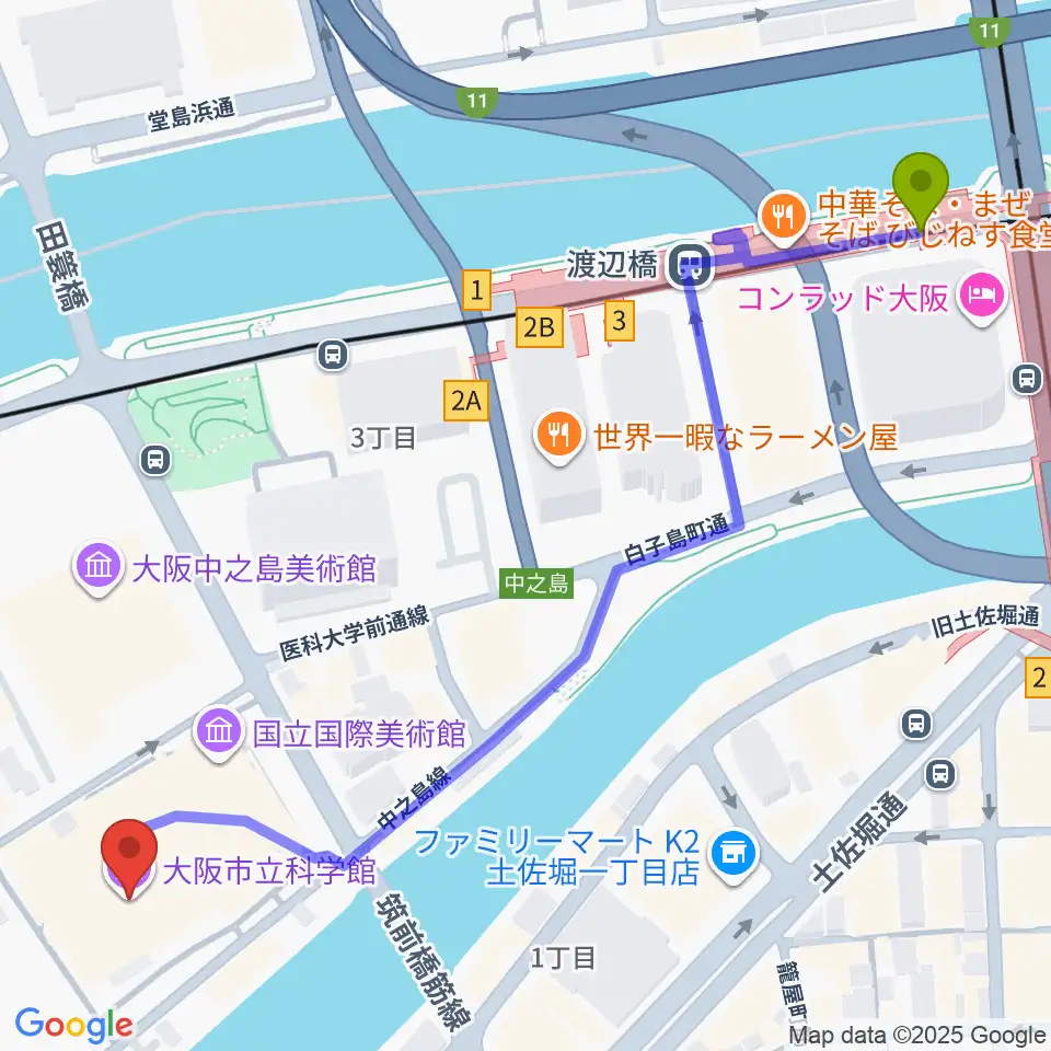 渡辺橋駅から大阪市立科学館へのルートマップ地図