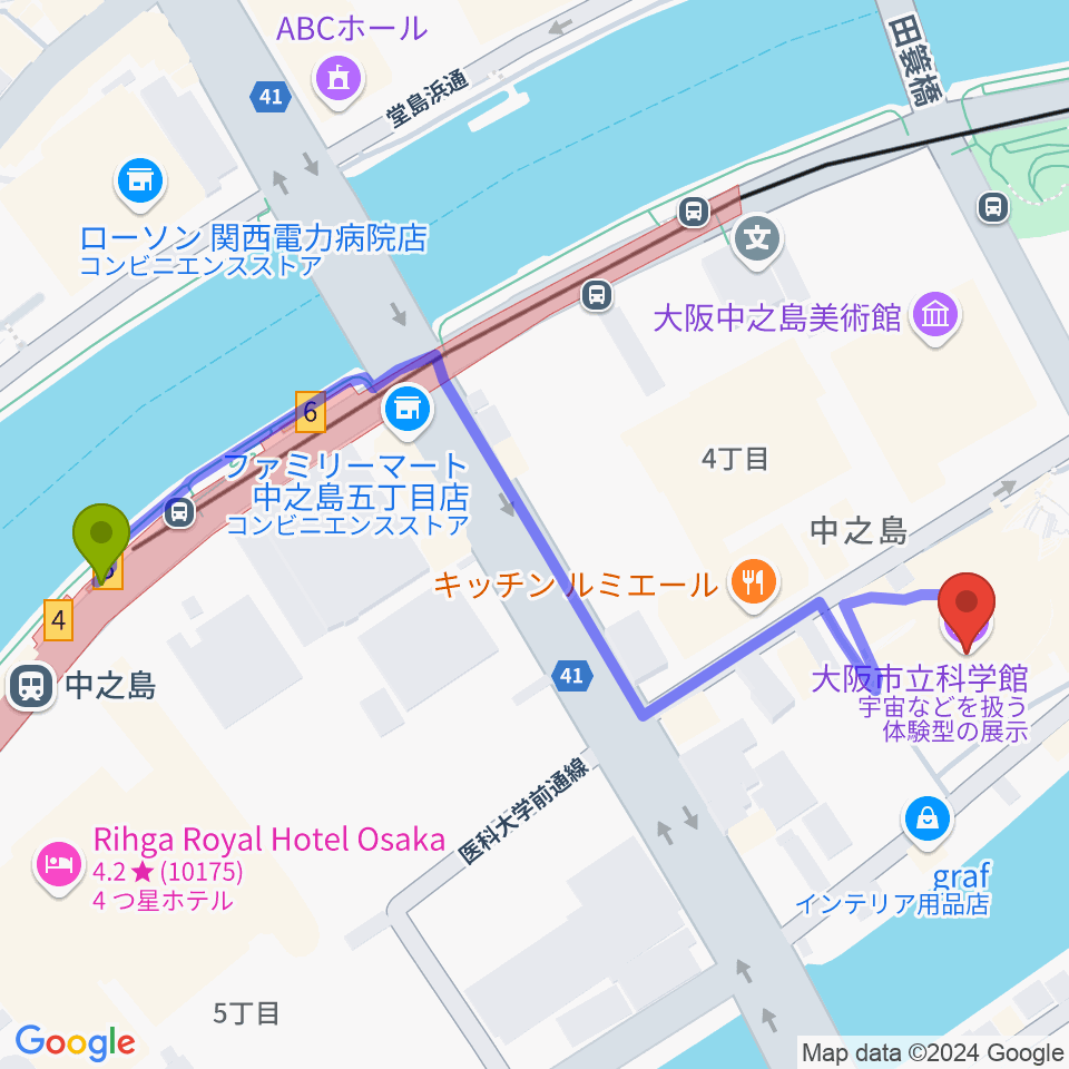 大阪市立科学館の最寄駅中之島駅からの徒歩ルート（約6分）地図