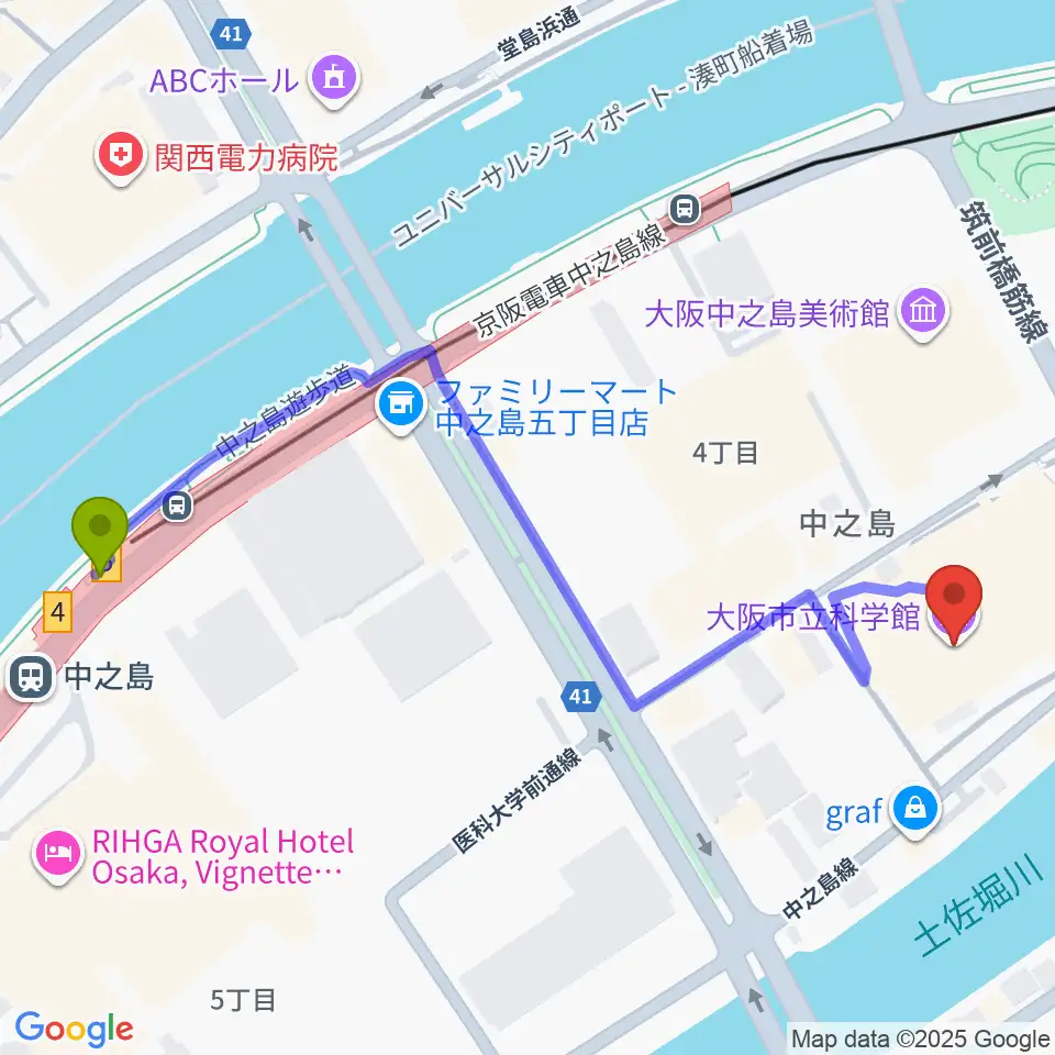 大阪市立科学館の最寄駅中之島駅からの徒歩ルート（約6分）地図
