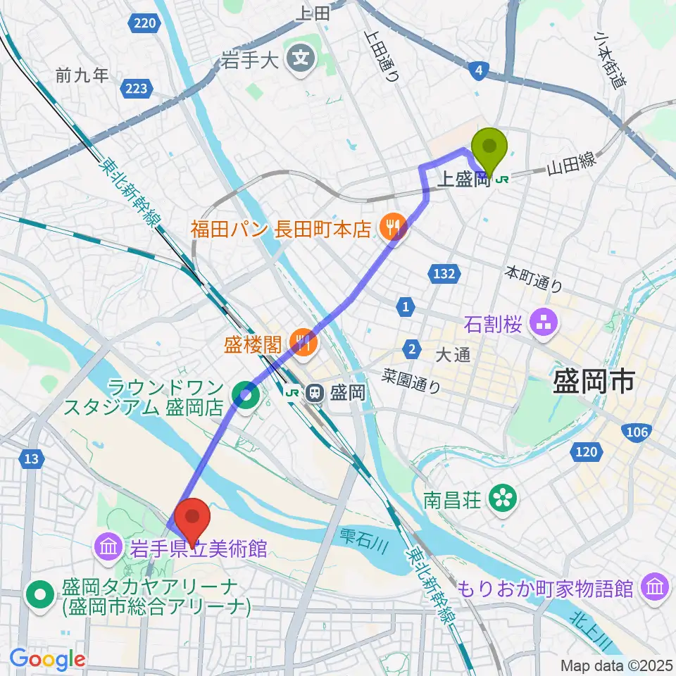 上盛岡駅から盛岡市子ども科学館へのルートマップ地図