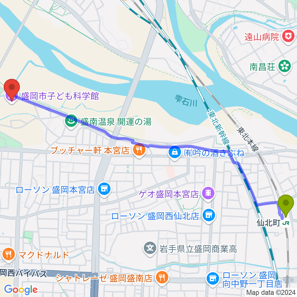 仙北町駅から盛岡市子ども科学館へのルートマップ地図