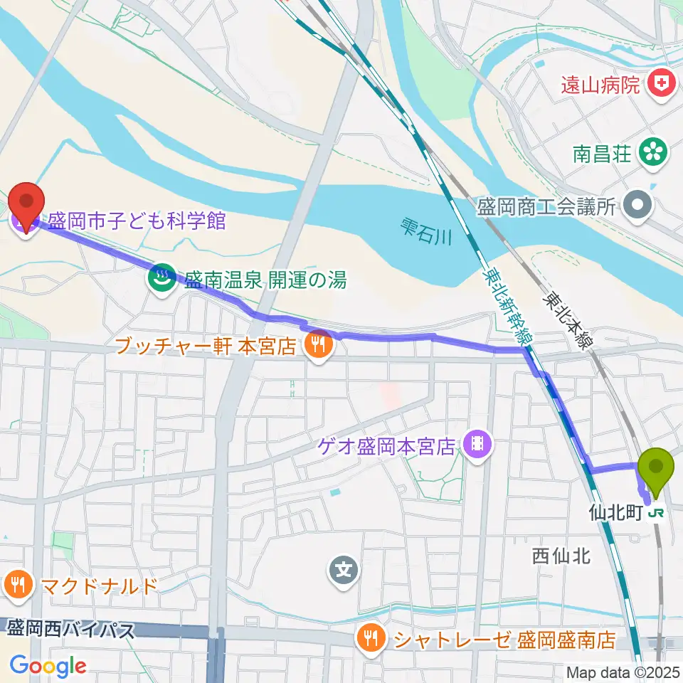 仙北町駅から盛岡市子ども科学館へのルートマップ地図