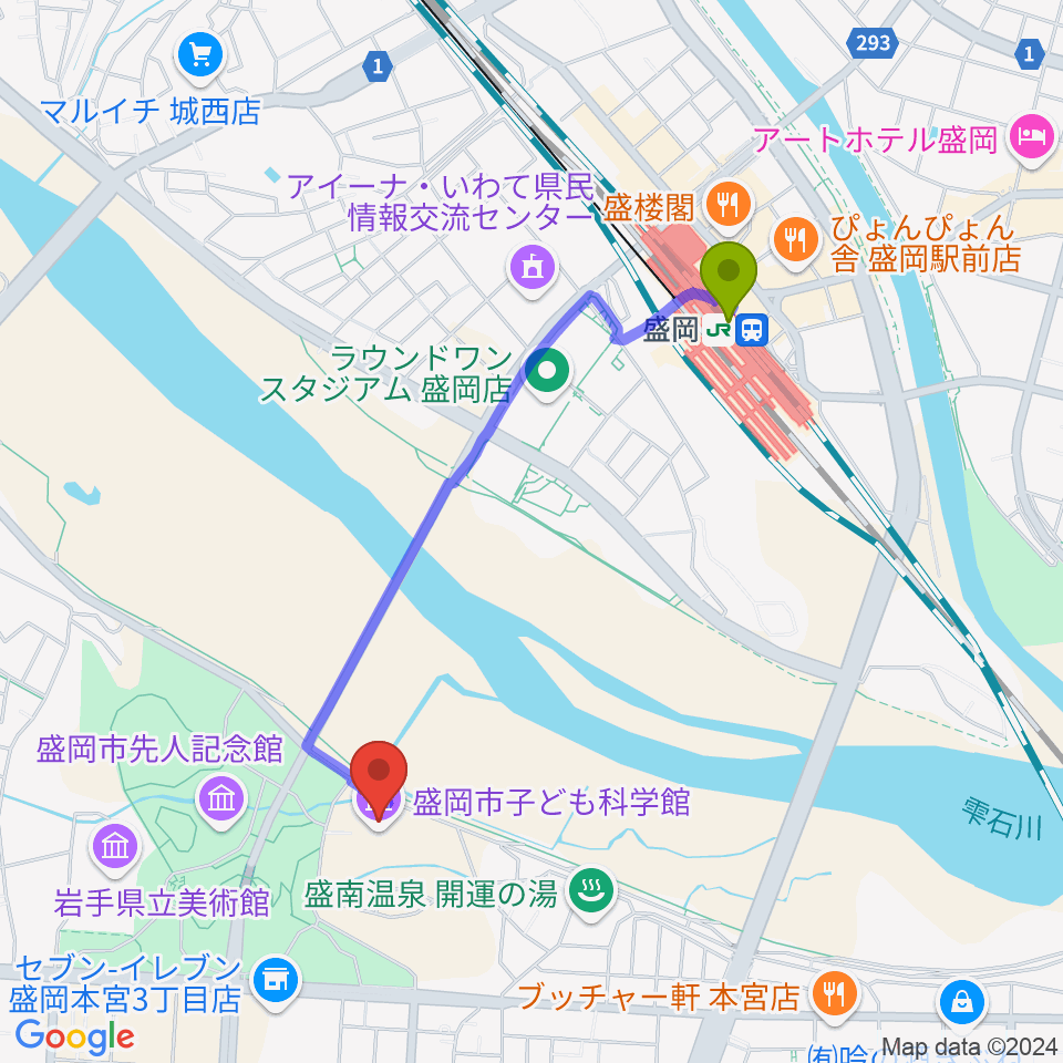 盛岡市子ども科学館の最寄駅盛岡駅からの徒歩ルート（約17分）地図