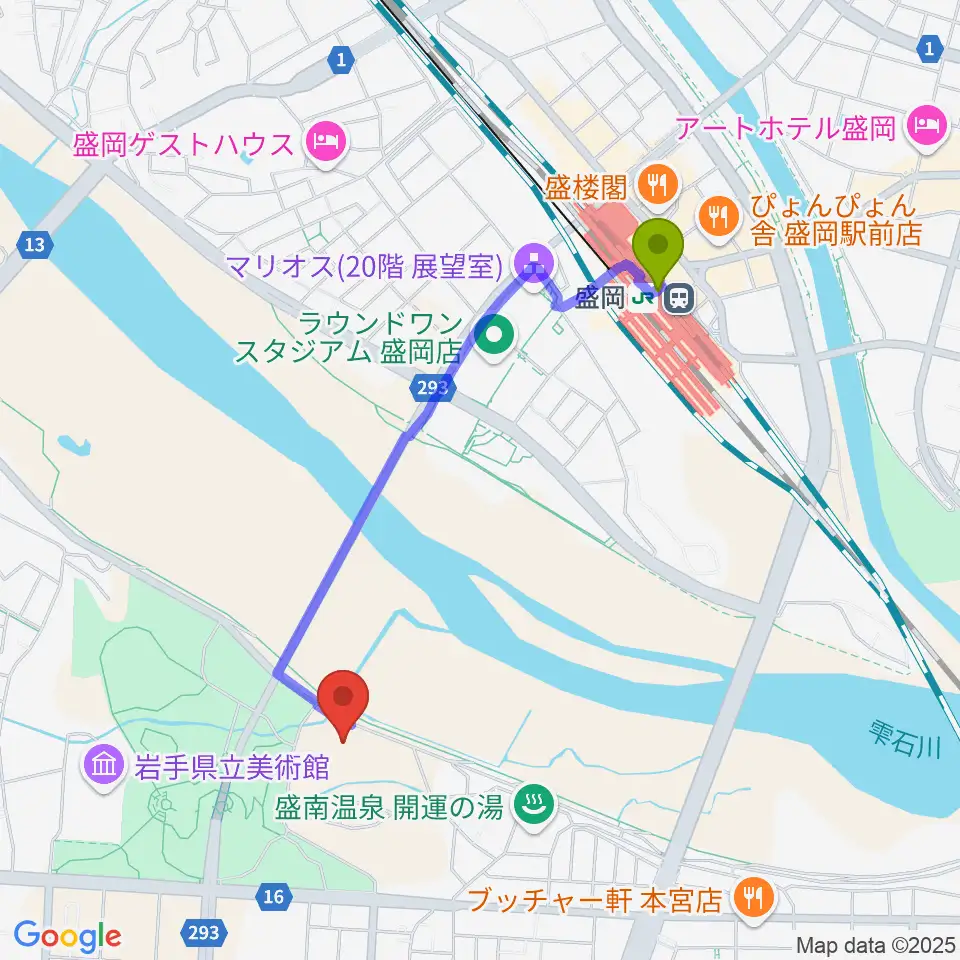 盛岡市子ども科学館の最寄駅盛岡駅からの徒歩ルート（約17分）地図