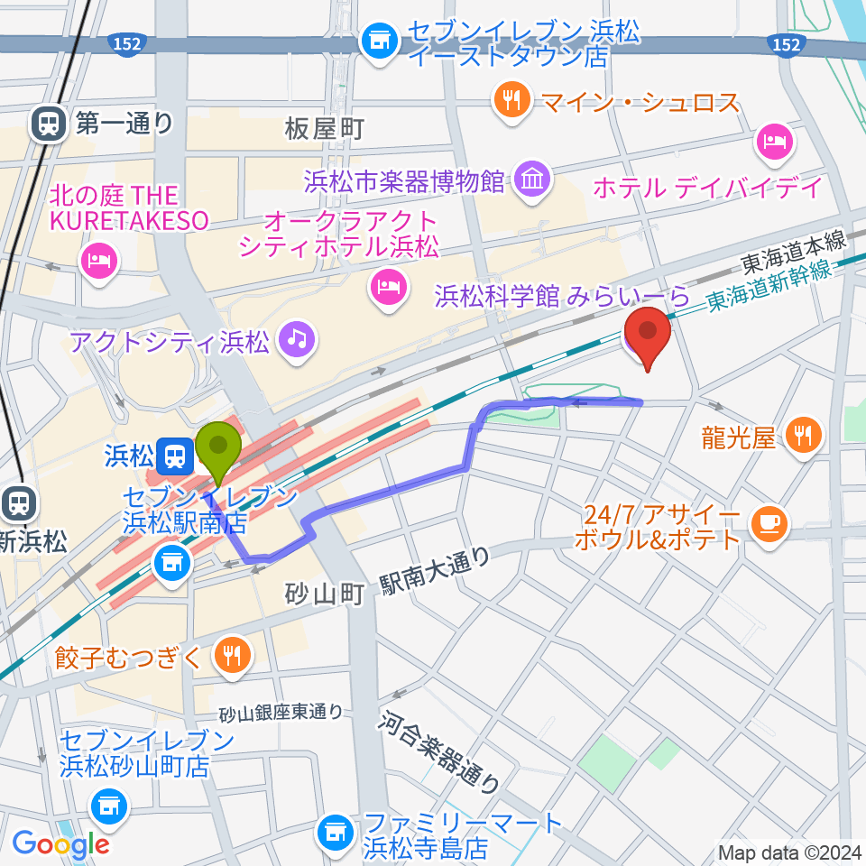 浜松科学館の最寄駅浜松駅からの徒歩ルート（約8分）地図