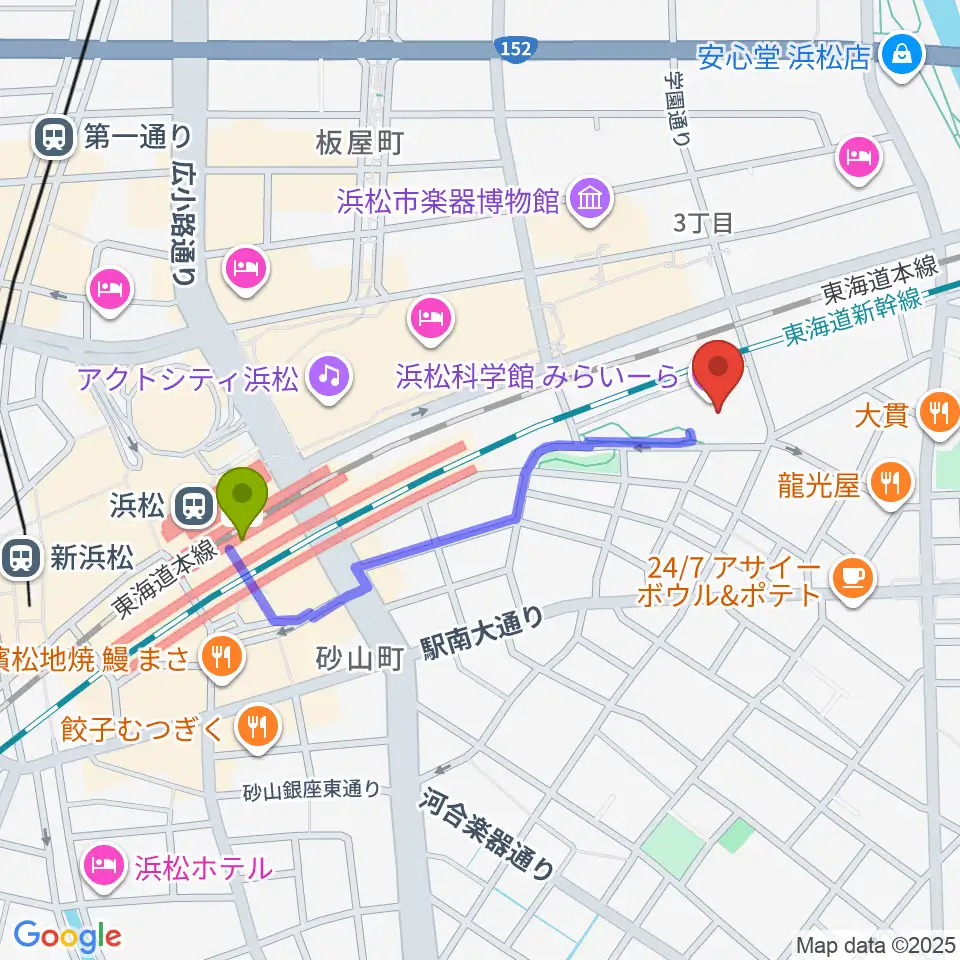 浜松科学館の最寄駅浜松駅からの徒歩ルート（約8分）地図