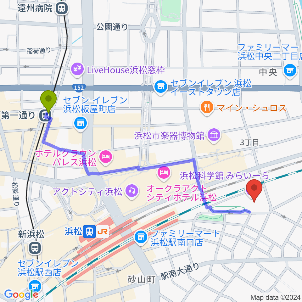 第一通り駅から浜松科学館へのルートマップ地図