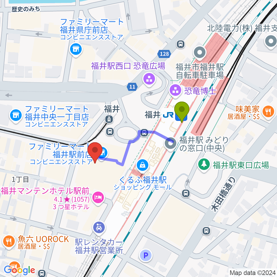 セーレンプラネットの最寄駅福井駅からの徒歩ルート（約3分）地図