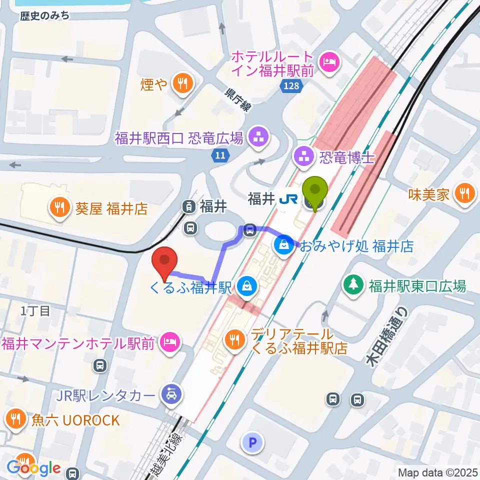 セーレンプラネットの最寄駅福井駅からの徒歩ルート（約3分）地図