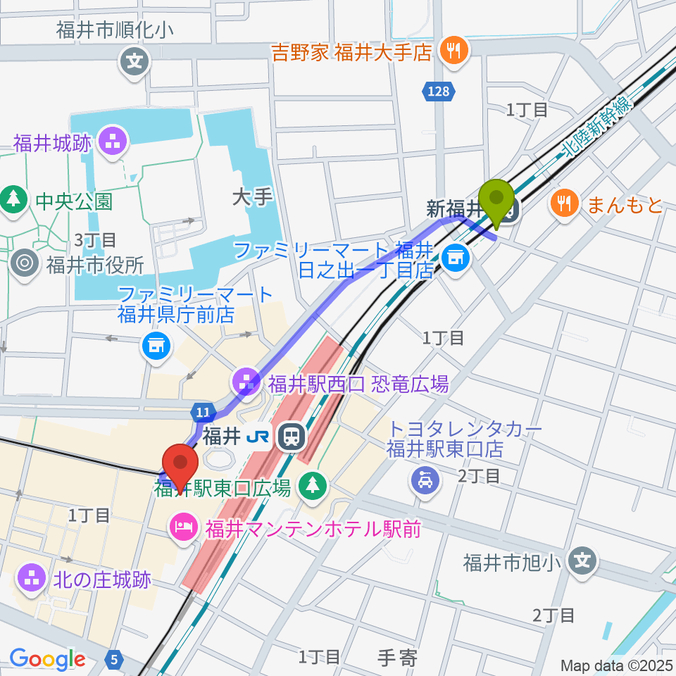 新福井駅からセーレンプラネットへのルートマップ地図