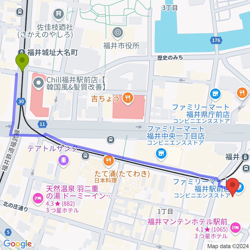 福井城址大名町駅からセーレンプラネットへのルートマップ地図