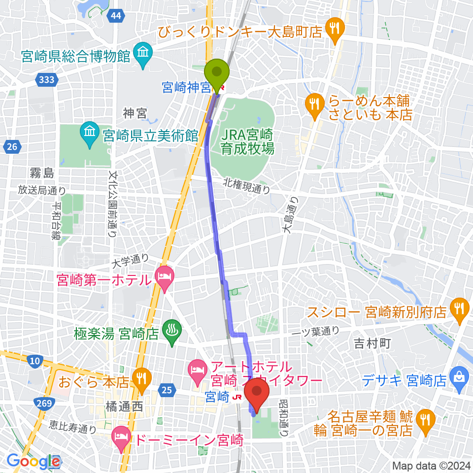 宮崎神宮駅から宮崎科学技術館へのルートマップ地図