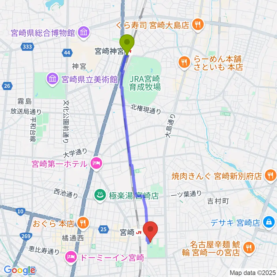 宮崎神宮駅から宮崎科学技術館へのルートマップ地図