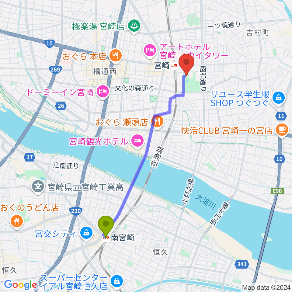 南宮崎駅から宮崎科学技術館へのルートマップ地図