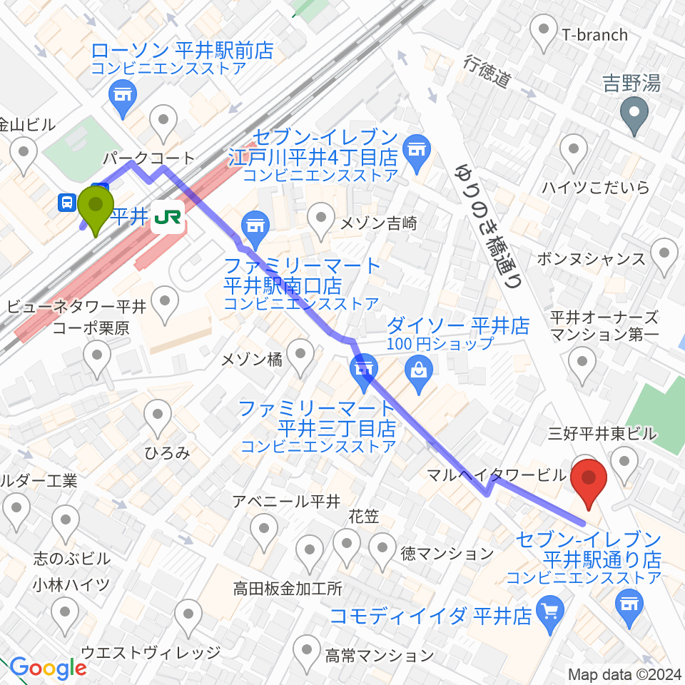 スタジオ・オトキチの最寄駅平井駅からの徒歩ルート（約6分）地図