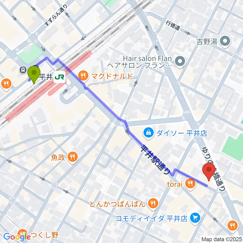 スタジオ・オトキチの最寄駅平井駅からの徒歩ルート（約6分）地図