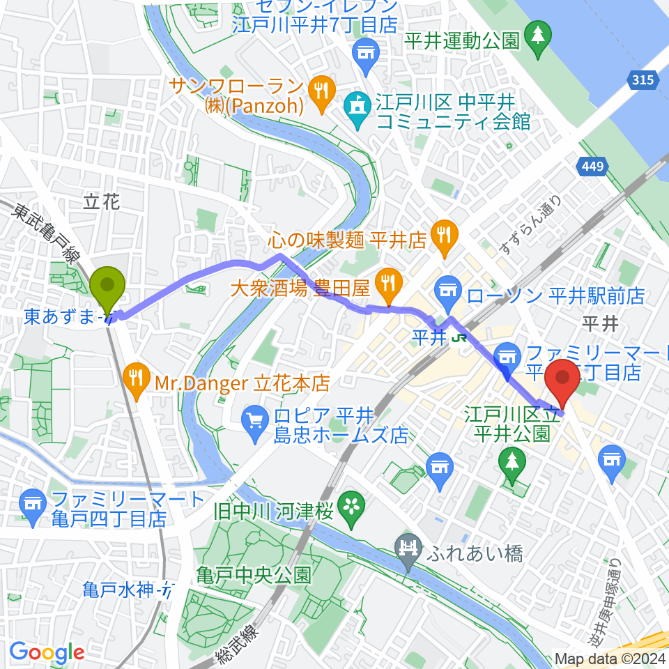 東あずま駅からスタジオ・オトキチへのルートマップ地図