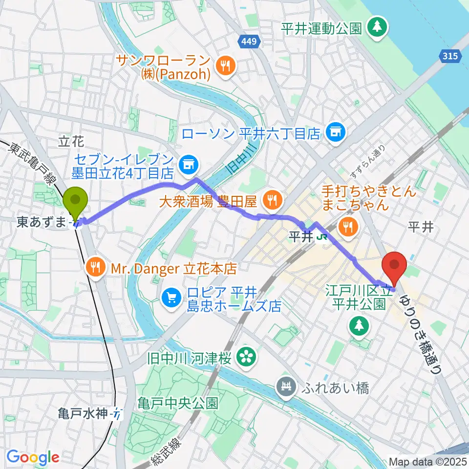 東あずま駅からスタジオ・オトキチへのルートマップ地図