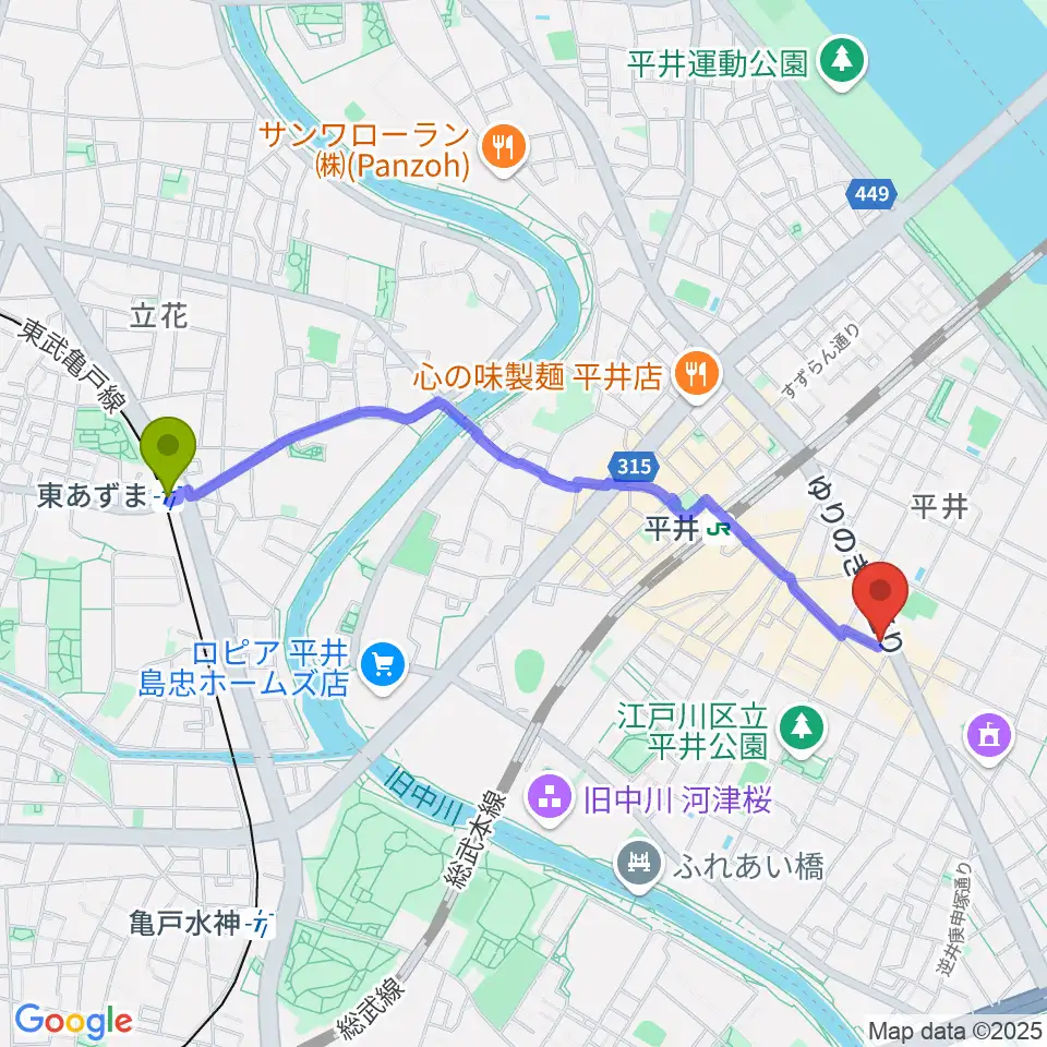 東あずま駅からスタジオ・オトキチへのルートマップ地図