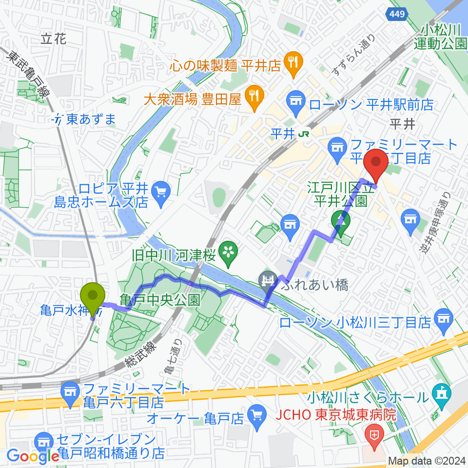 亀戸水神駅からスタジオ・オトキチへのルートマップ地図