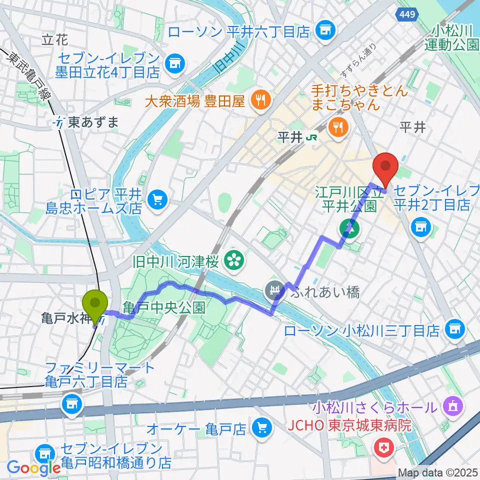 亀戸水神駅からスタジオ・オトキチへのルートマップ地図