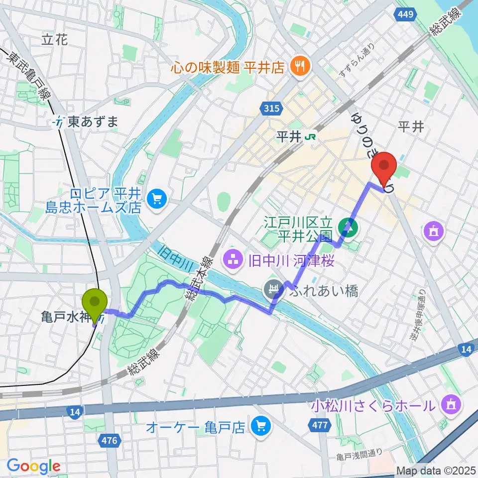 亀戸水神駅からスタジオ・オトキチへのルートマップ地図