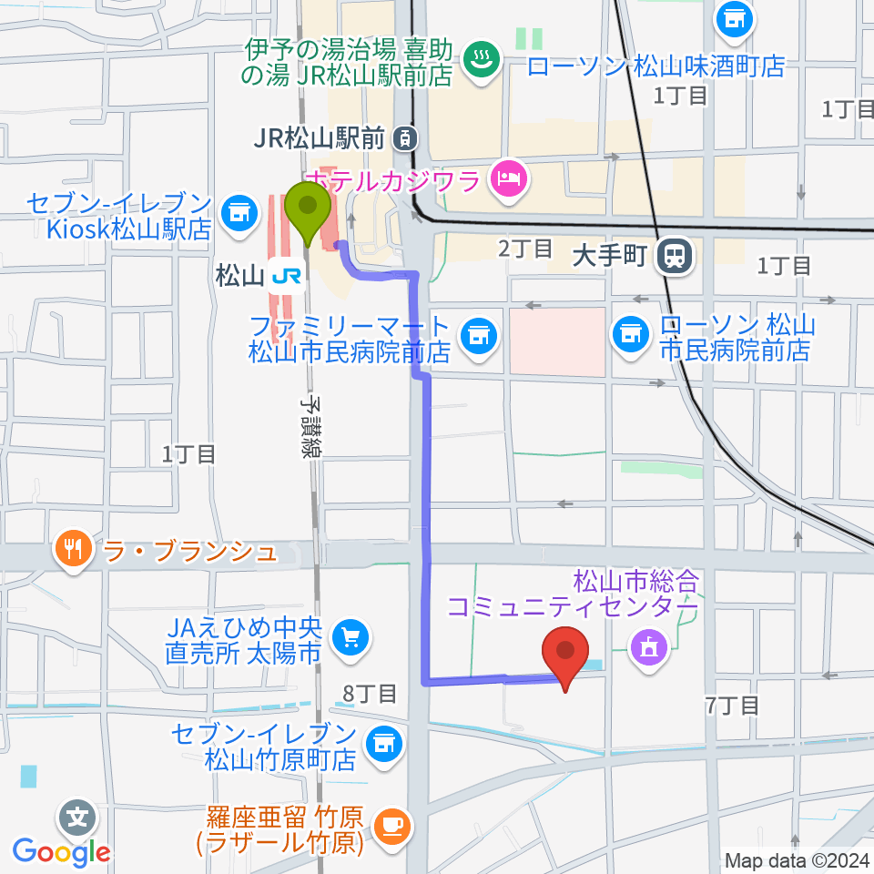 松山駅から松山コスモシアターへのルートマップ地図