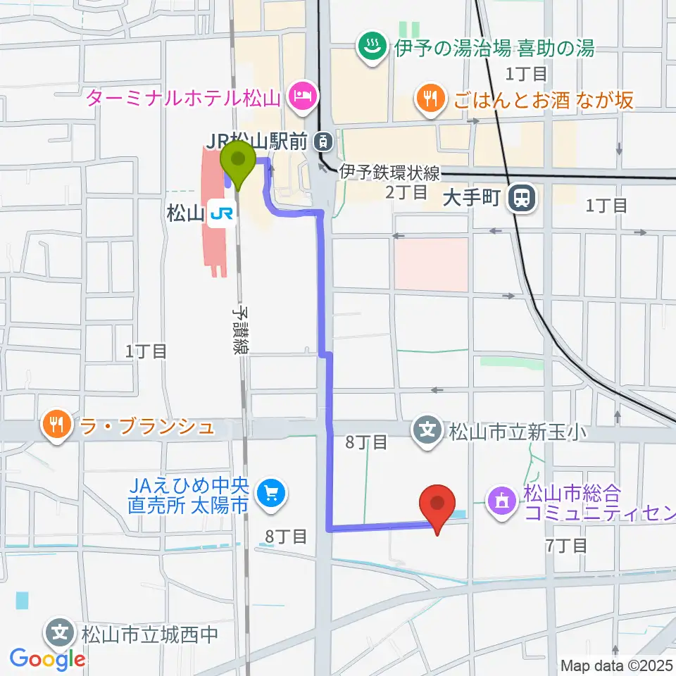 松山駅から松山コスモシアターへのルートマップ地図