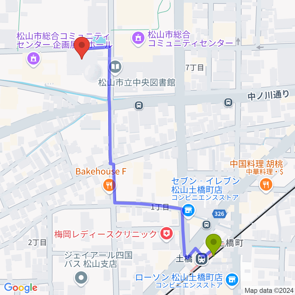 松山コスモシアターの最寄駅土橋駅からの徒歩ルート（約6分）地図