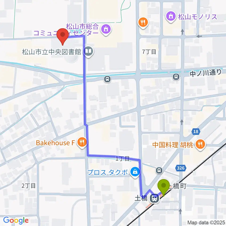 松山コスモシアターの最寄駅土橋駅からの徒歩ルート（約6分）地図