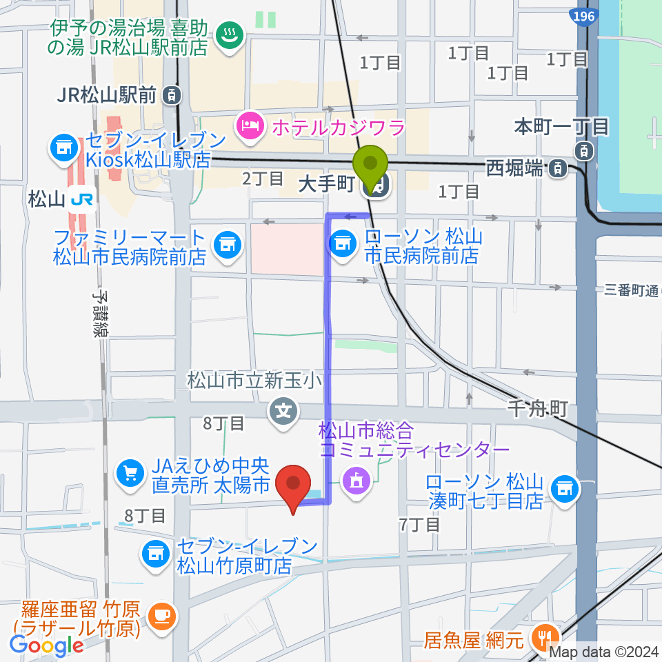 大手町駅から松山コスモシアターへのルートマップ地図