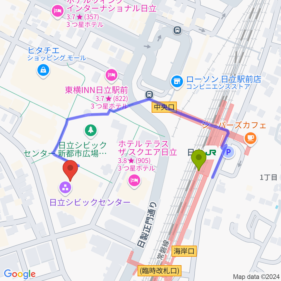 日立シビックセンター天球劇場の最寄駅日立駅からの徒歩ルート（約4分）地図