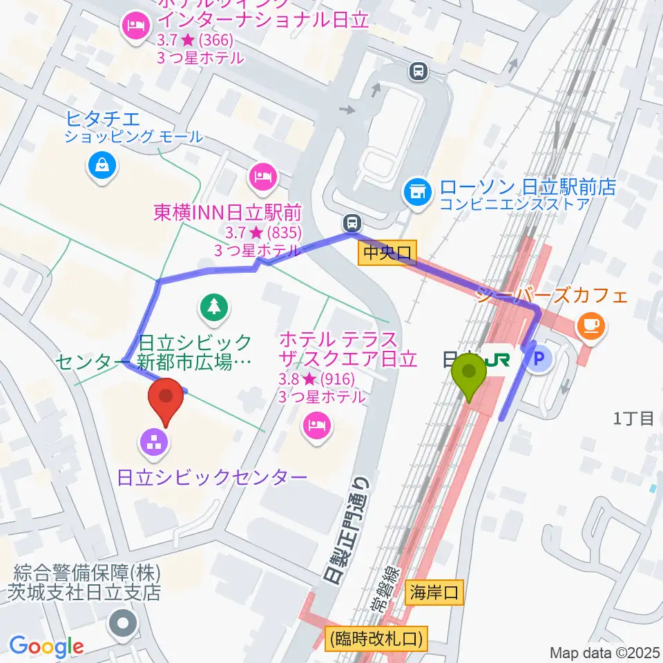 日立シビックセンター天球劇場の最寄駅日立駅からの徒歩ルート（約4分）地図