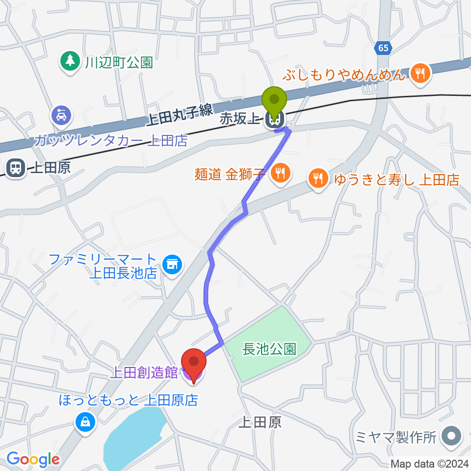 上田創造館の最寄駅赤坂上駅からの徒歩ルート（約9分）地図