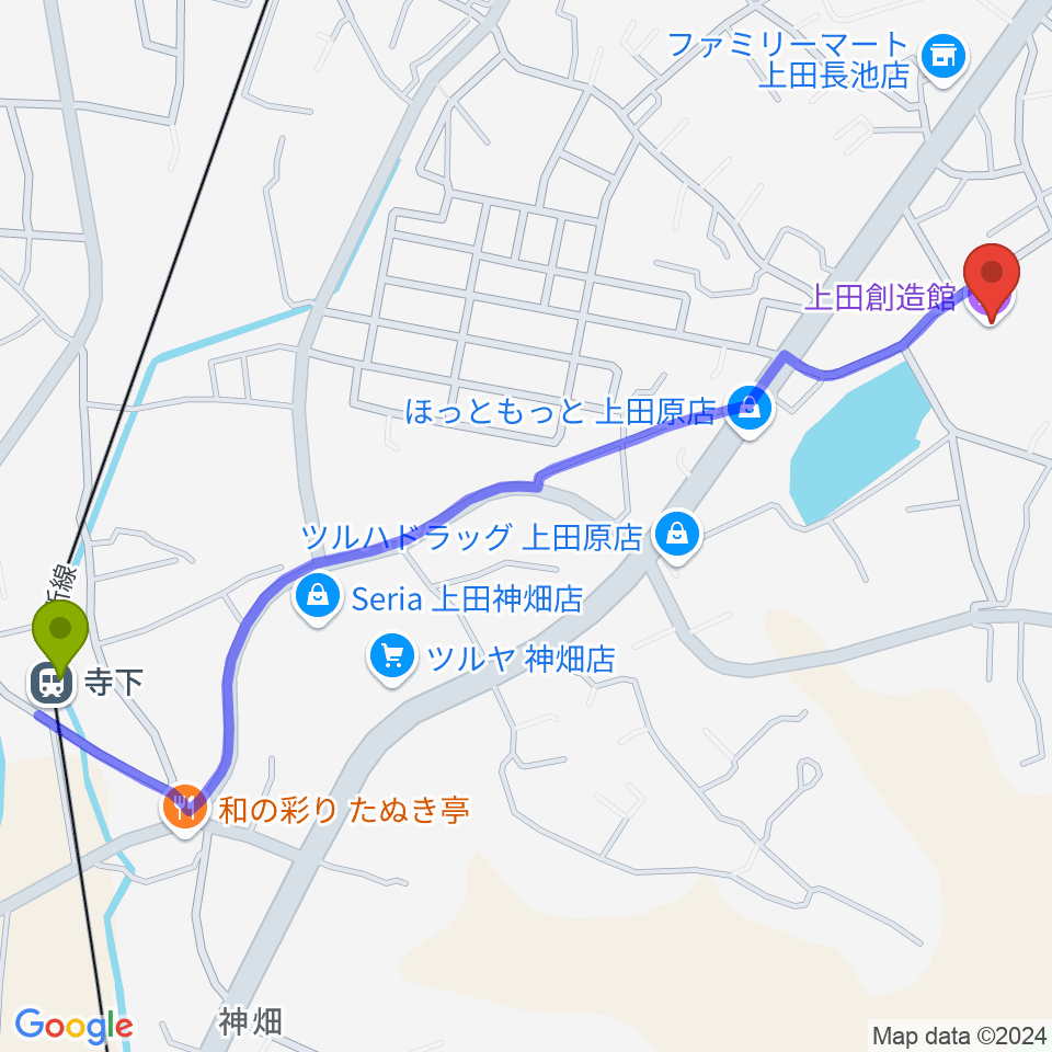 寺下駅から上田創造館へのルートマップ地図