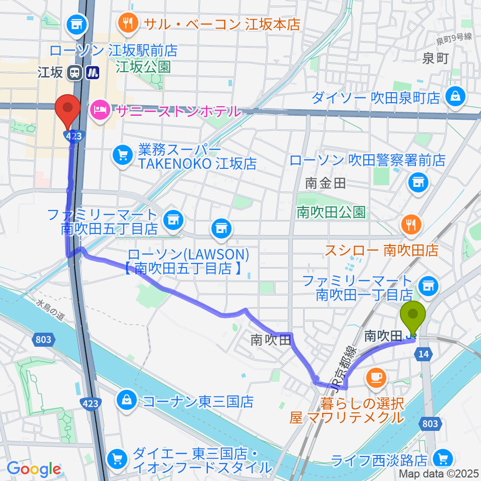 南吹田駅からスタジオリフレクションへのルートマップ地図