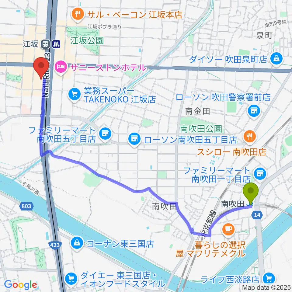 南吹田駅からスタジオリフレクションへのルートマップ地図