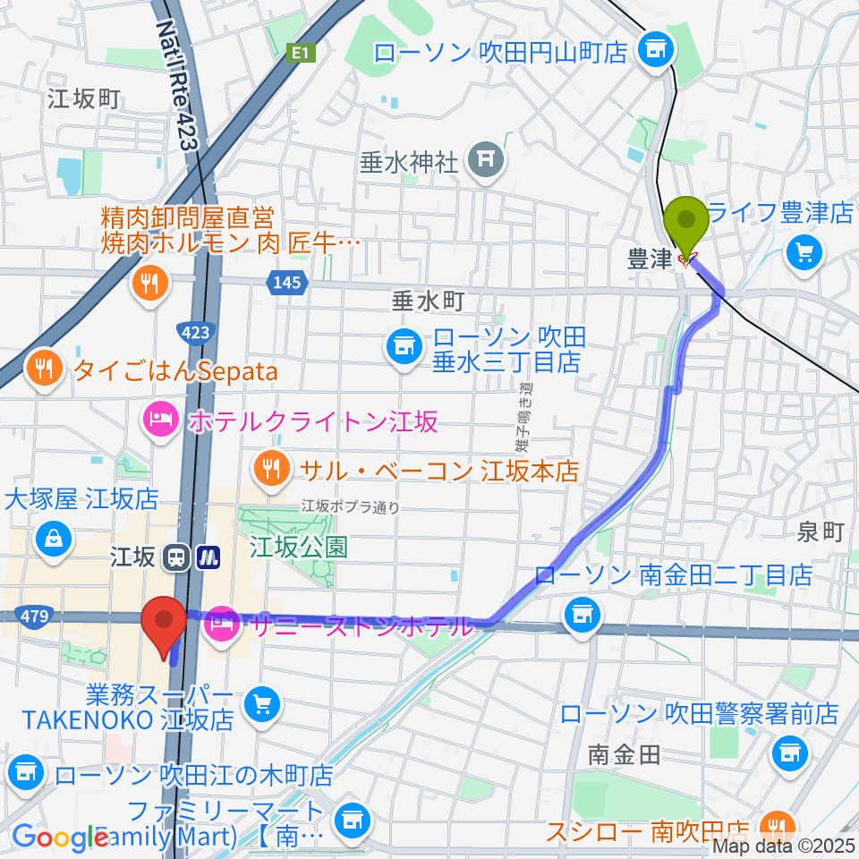 豊津駅からスタジオリフレクションへのルートマップ地図