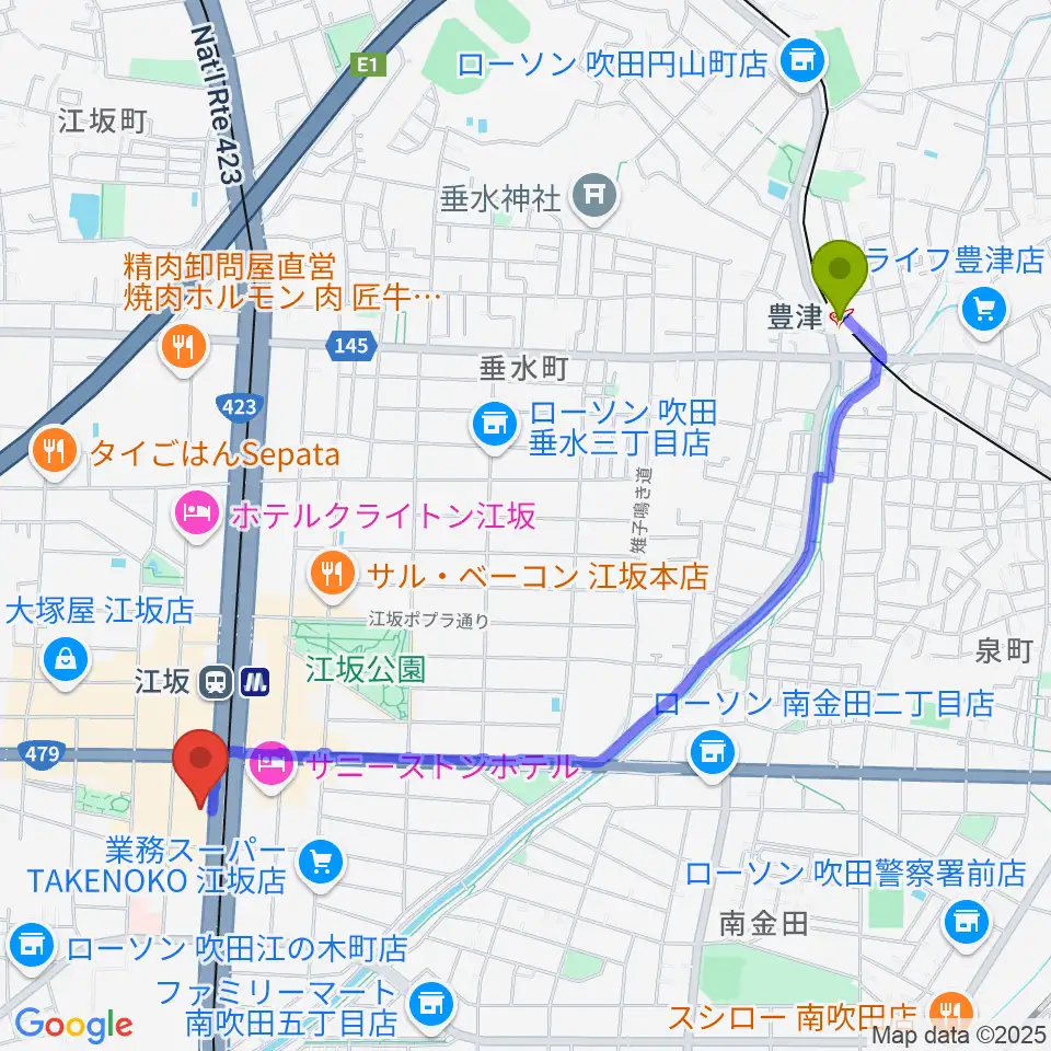 豊津駅からスタジオリフレクションへのルートマップ地図