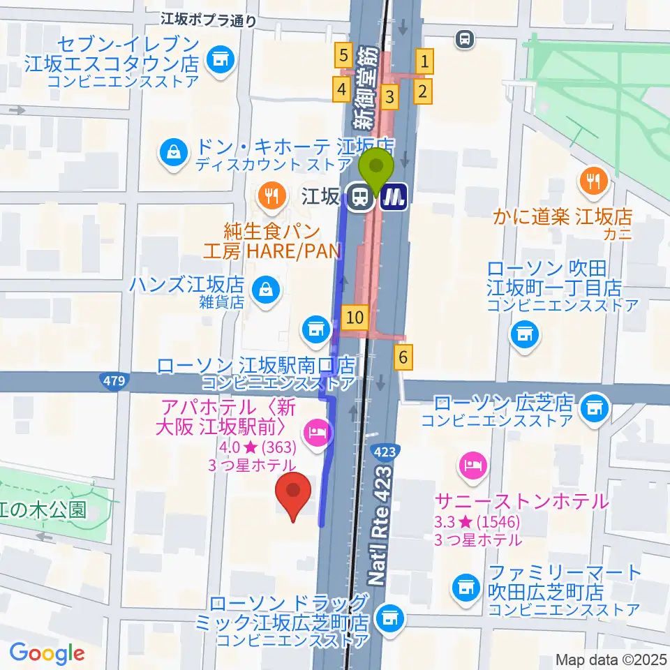 スタジオリフレクションの最寄駅江坂駅からの徒歩ルート（約4分）地図