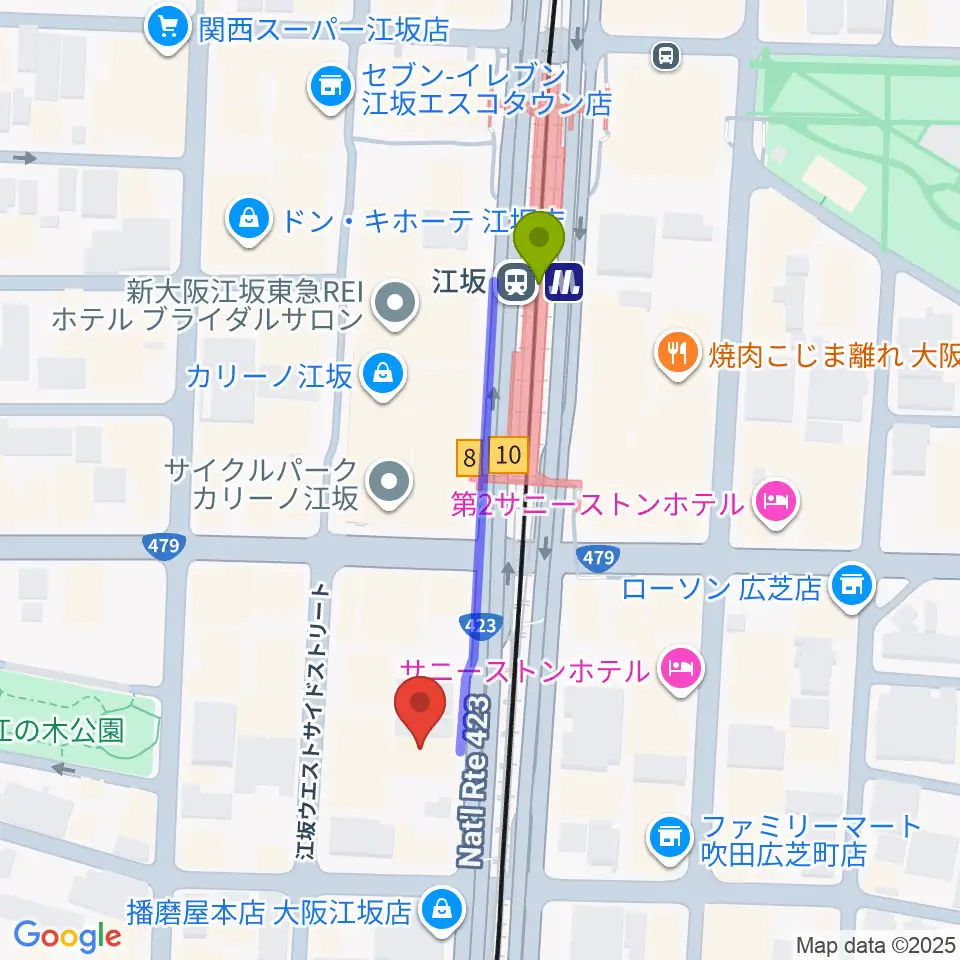 スタジオリフレクションの最寄駅江坂駅からの徒歩ルート（約4分）地図