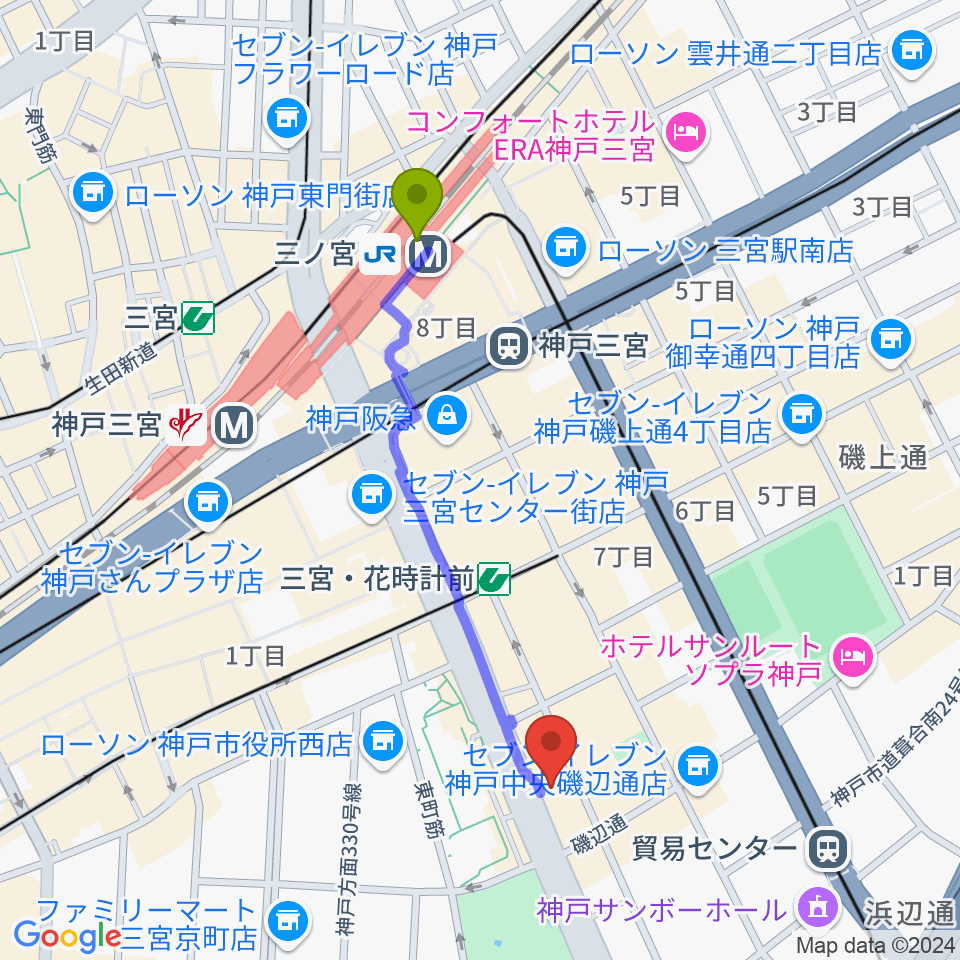 三ノ宮駅からプラスミュージック神戸三宮へのルートマップ地図