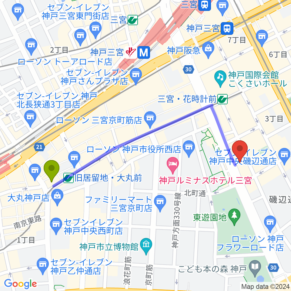 旧居留地・大丸前駅からプラスミュージック神戸三宮へのルートマップ地図