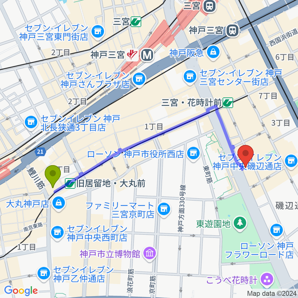 旧居留地・大丸前駅からプラスミュージック神戸三宮へのルートマップ地図