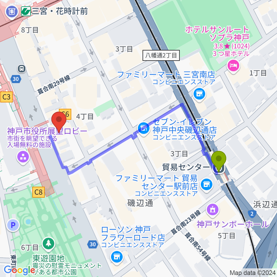 プラスミュージック神戸三宮の最寄駅貿易センター駅からの徒歩ルート（約5分）地図