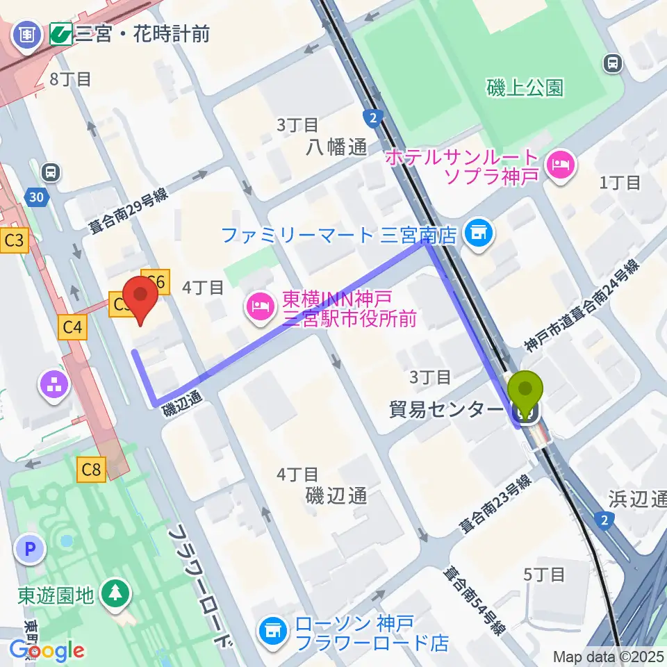 プラスミュージック神戸三宮の最寄駅貿易センター駅からの徒歩ルート（約5分）地図
