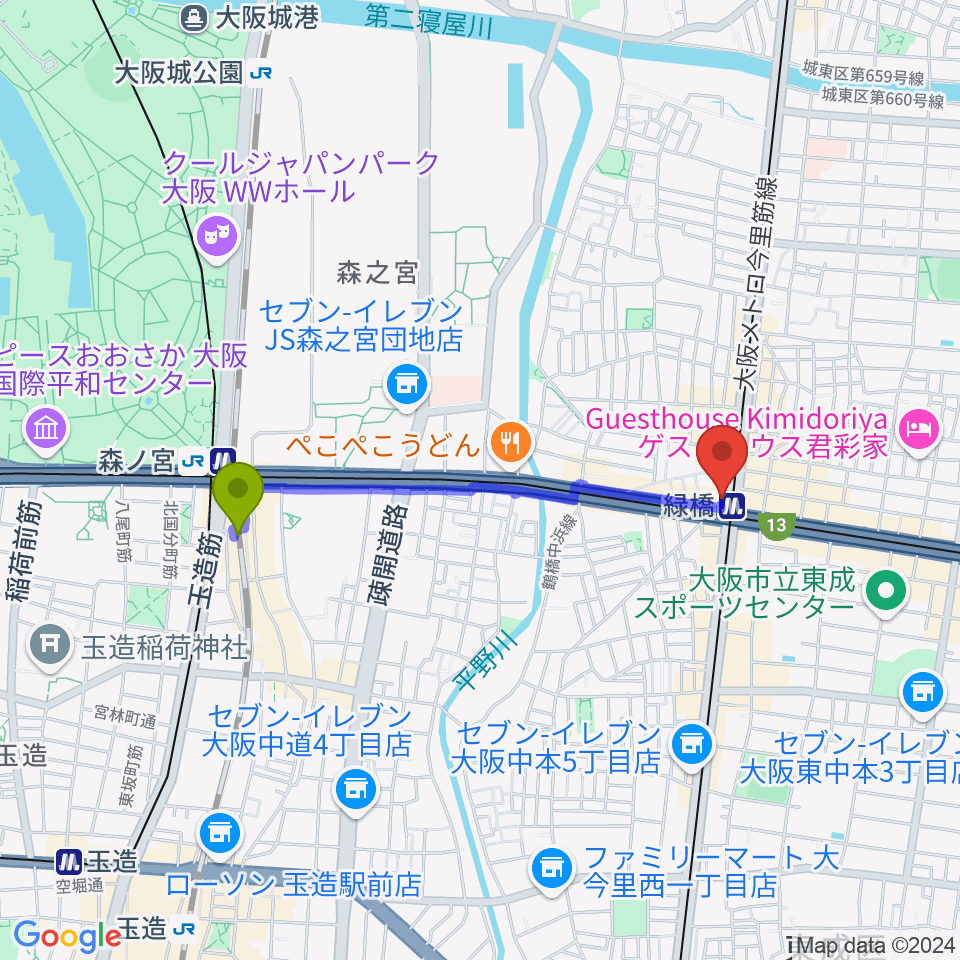 森ノ宮駅から大阪緑橋 戦国大統領へのルートマップ地図