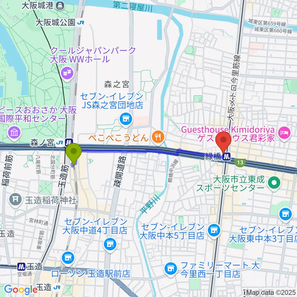 森ノ宮駅から大阪緑橋 戦国大統領へのルートマップ地図